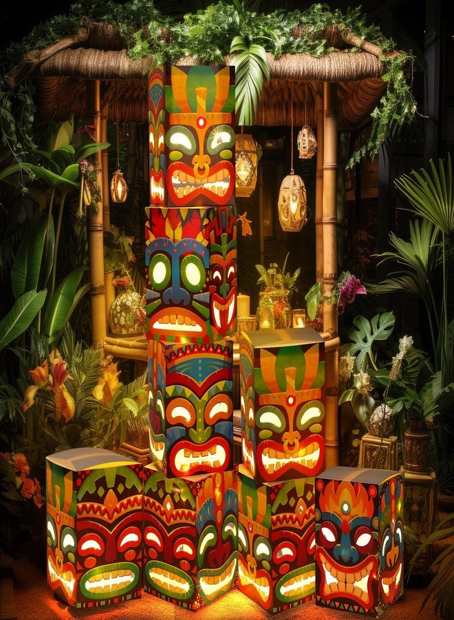 Janlaugh 8 Pcs Tiki Totem Box Decor with Light, Luau Party Decorations for Hawaiian Birthday Party Tropical Aloha Decor 9.84 x 7.09 Tiki Lighted Gift Boxes for Garden Patio Porch Outdoor Decor - Image 1